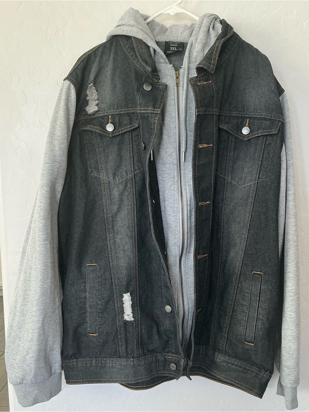 Men's Black Denim Bomber Jacket with Gray Hoodie Insert